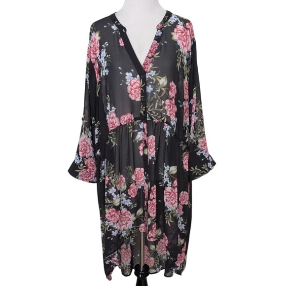 Torrid Floral Sheer Tunic Womens Size 3X Black Hi Low Button Front V Neck Shirt - Picture 4 of 15